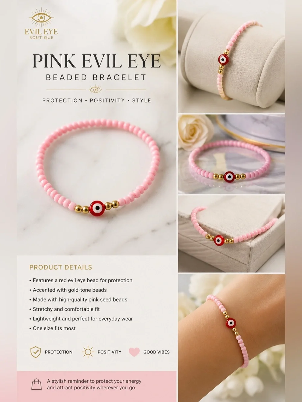 Evil Eye Pink Beaded Bracelet #15